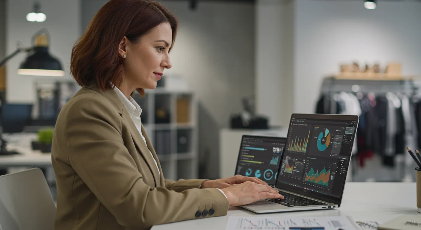 Store manager reviewing AI retail analytics dashboard on laptop